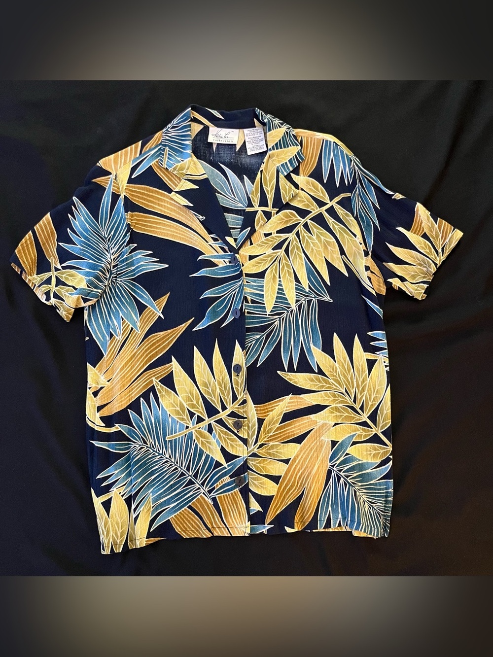 Kathie Lee Collection Rayon Tropical Shirt Womens M Navy Leaf Hawaiian